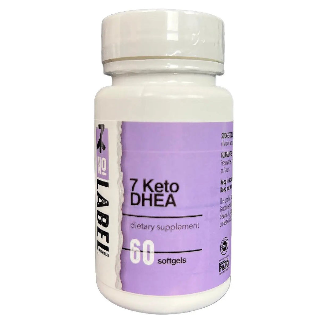 A bottle of No Label Nutrition 7 Keto DHEA on a white background