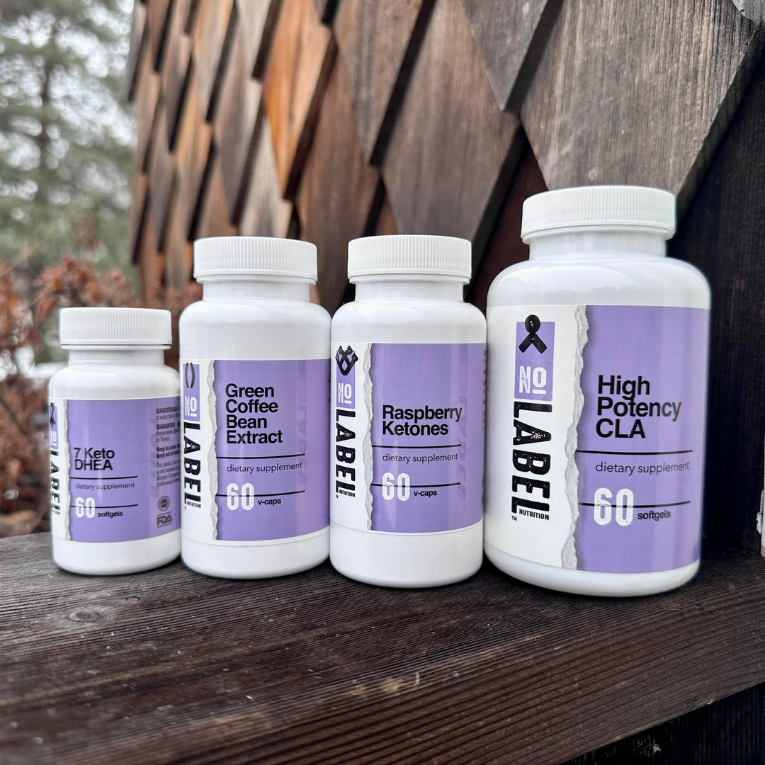 4 bottles of No Label Nutrition 4 week weight loss starter kit products sitting outside
