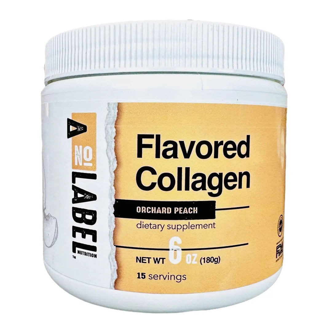 A canister of No Label Nutrition Flavored Collagen on a white background
