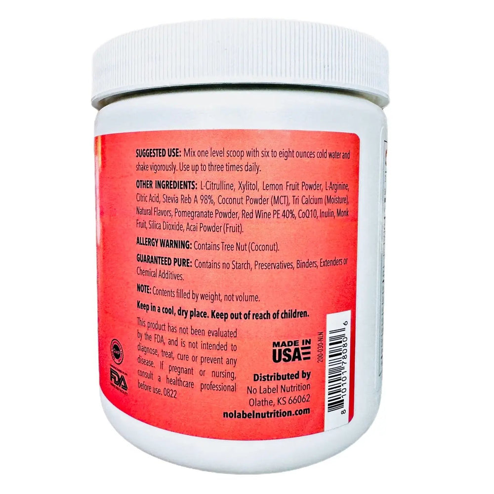 A canister of No Label Nutrition Nitric Oxide Pre-Workout drink on a white background