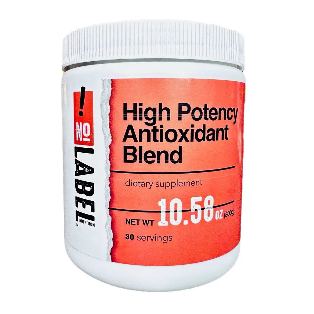 A canister of No Label Nutrition High Potency Antioxidant Blend drink on a white background