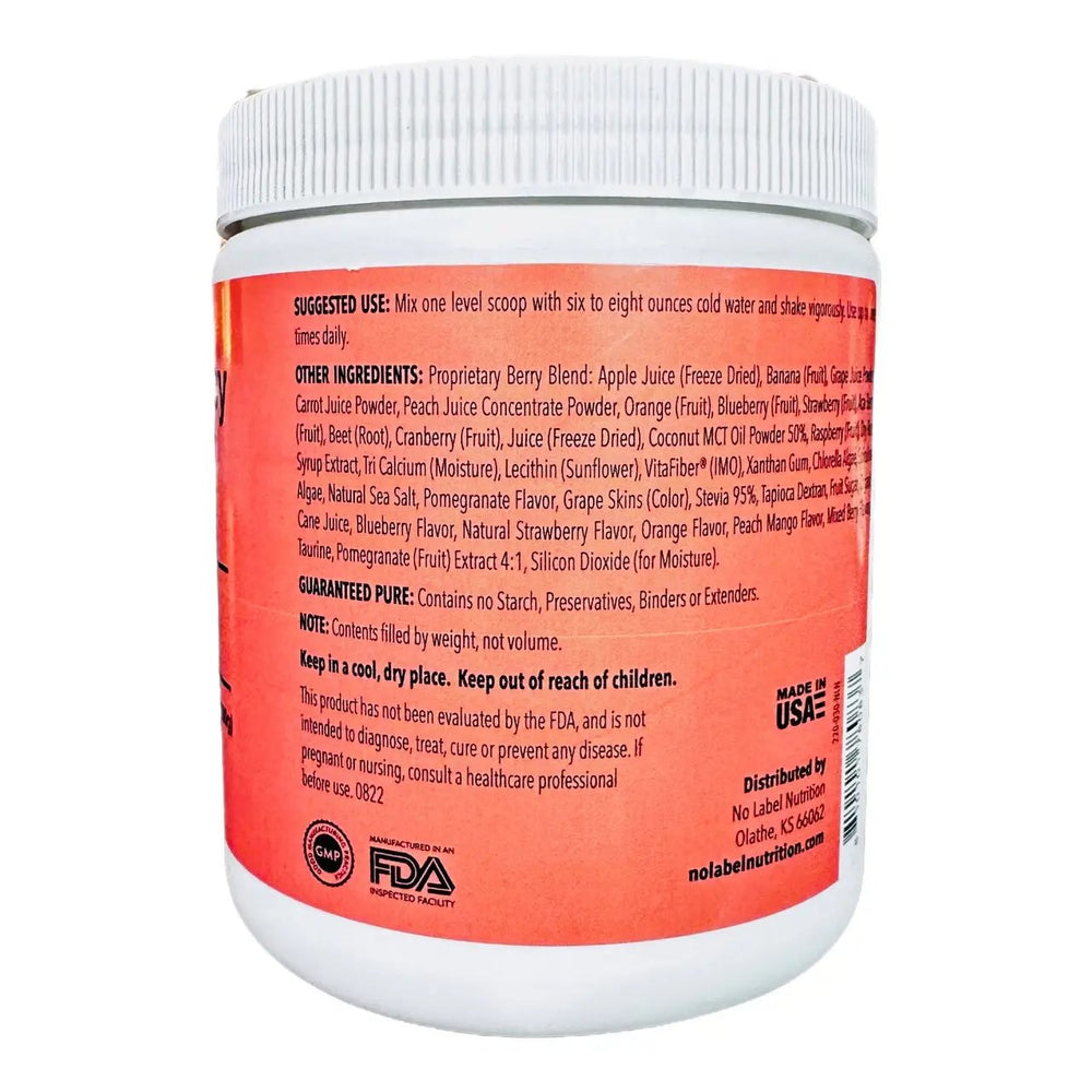 A canister of No Label Nutrition High Potency Antioxidant Blend drink on a white background