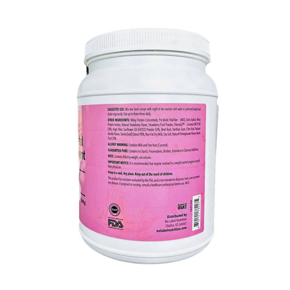 A canister of No Label Nutrition Strawberry Meal Replacement Shake on a white background