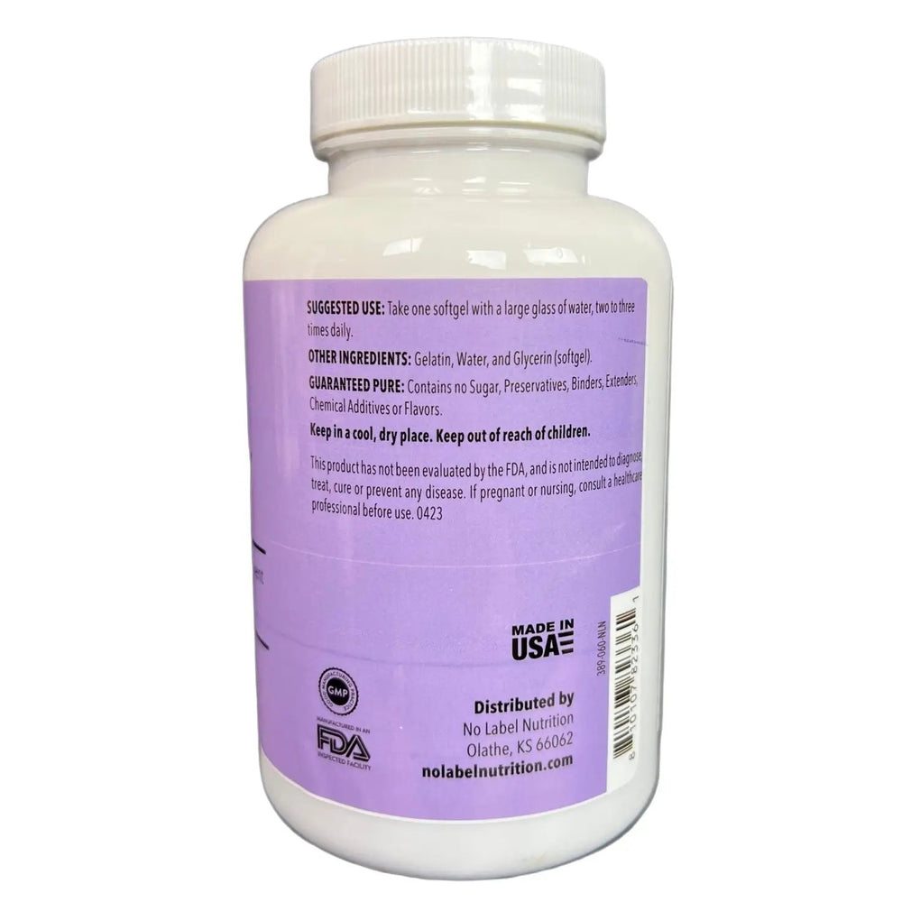 A bottle of No Label Nutrition High Potency CLA on a white background