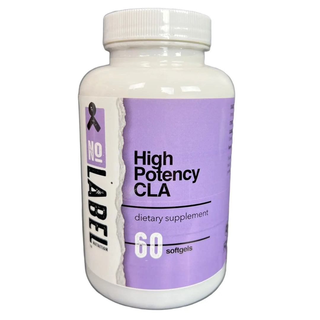 A bottle of No Label Nutrition High Potency CLA on a white background