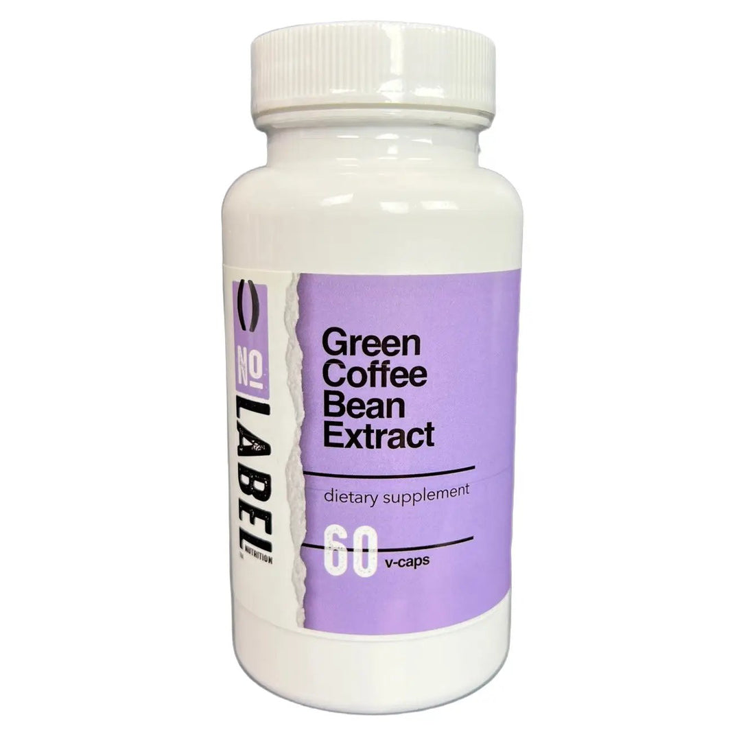A bottle of No Label Nutrition Green Coffee Bean Extract on a white background