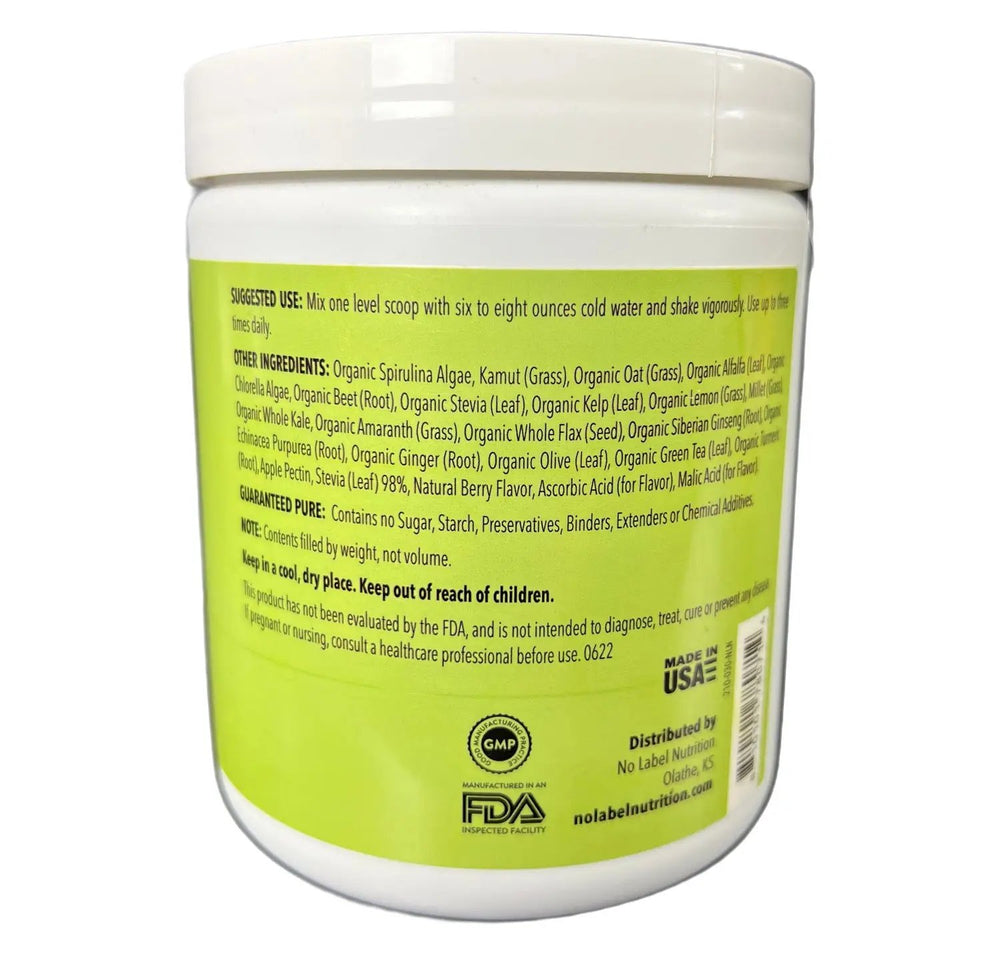 A canister of No Label Nutrition Super Greens on a white background