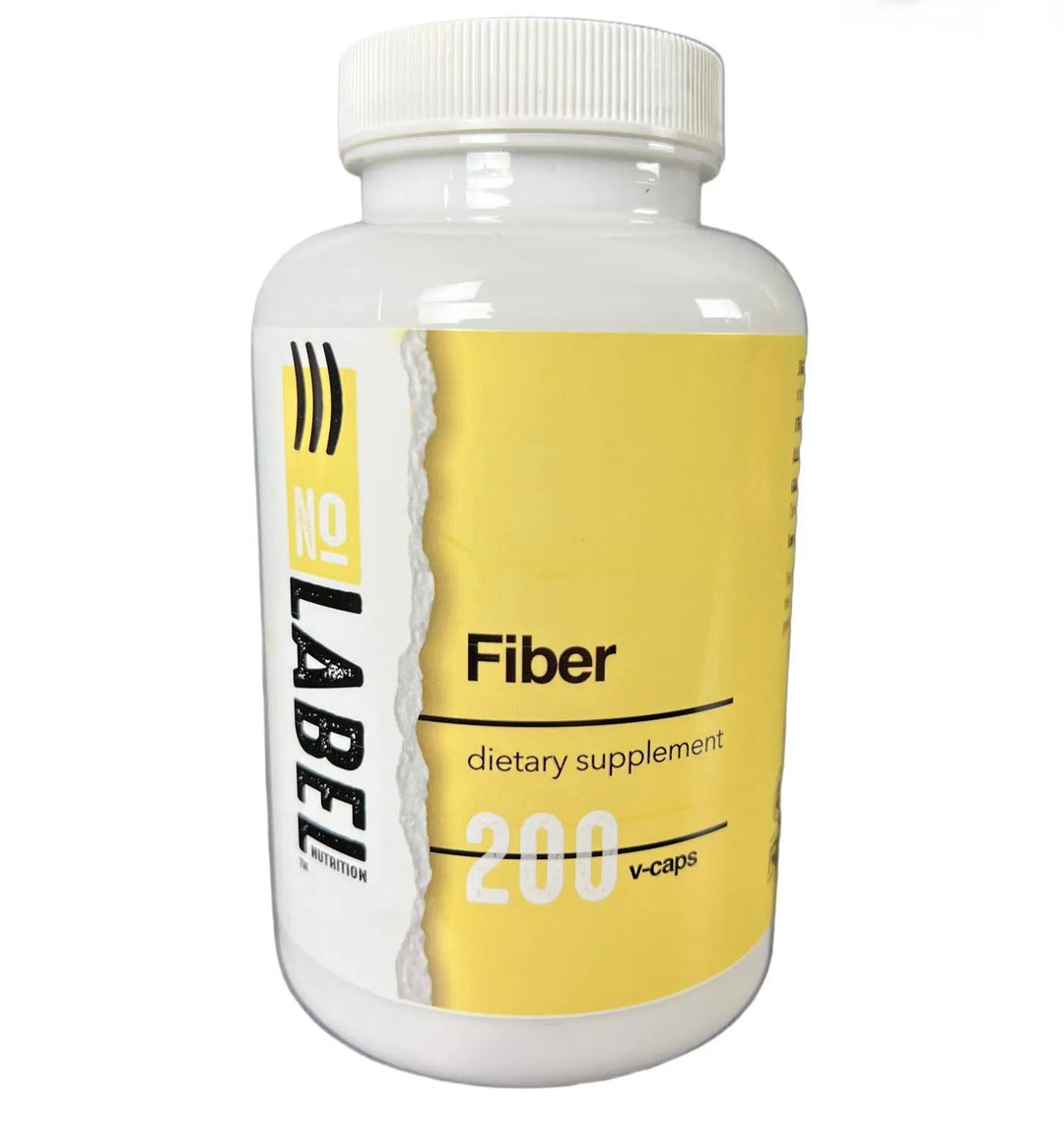 A bottle of No Label Nutrition Fiber Supplement on a white background