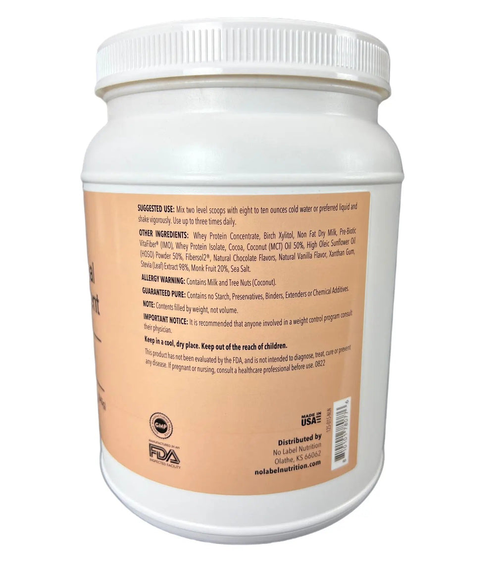 A canister of No Label Nutrition Dutch Chocolate Meal Replacement Shake on a white background