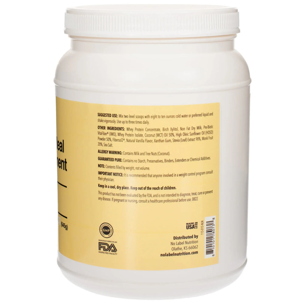 A canister of No Label Nutrition Vanilla Meal Replacement Shake on a white background
