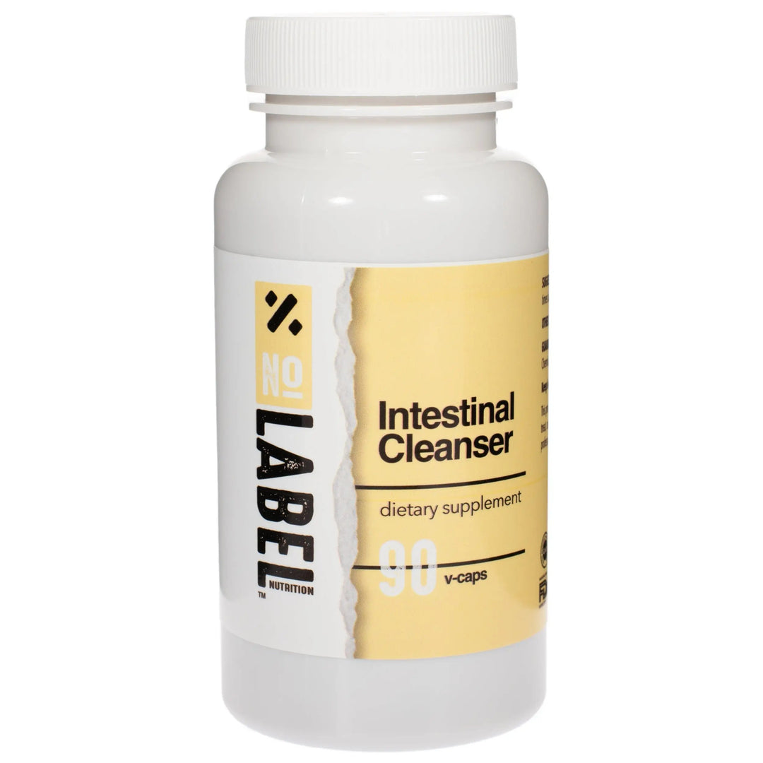A bottle of No Label Nutrition Intestinal Cleanser on a white background