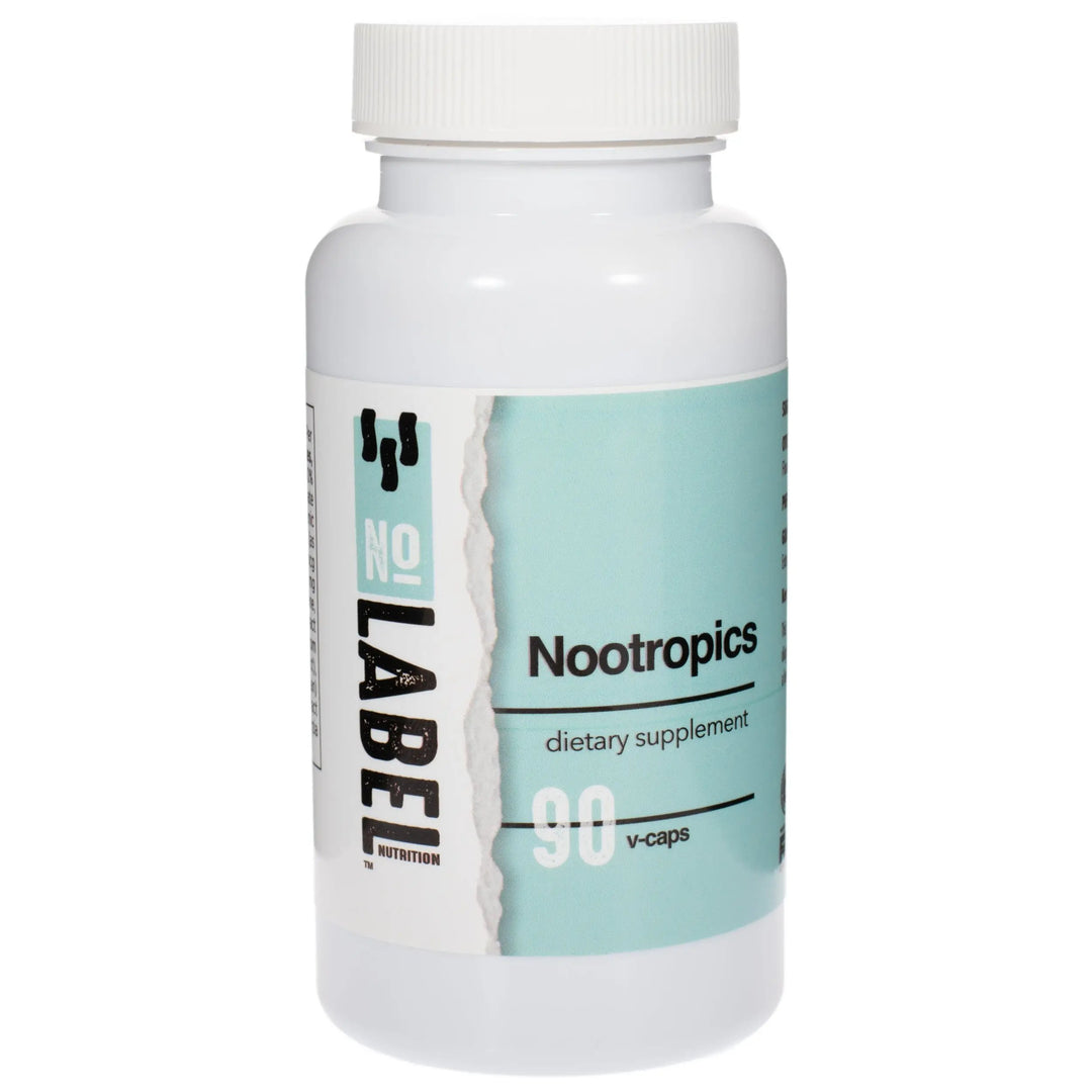 A bottle of No Label Nutrition Nootropics on a white background