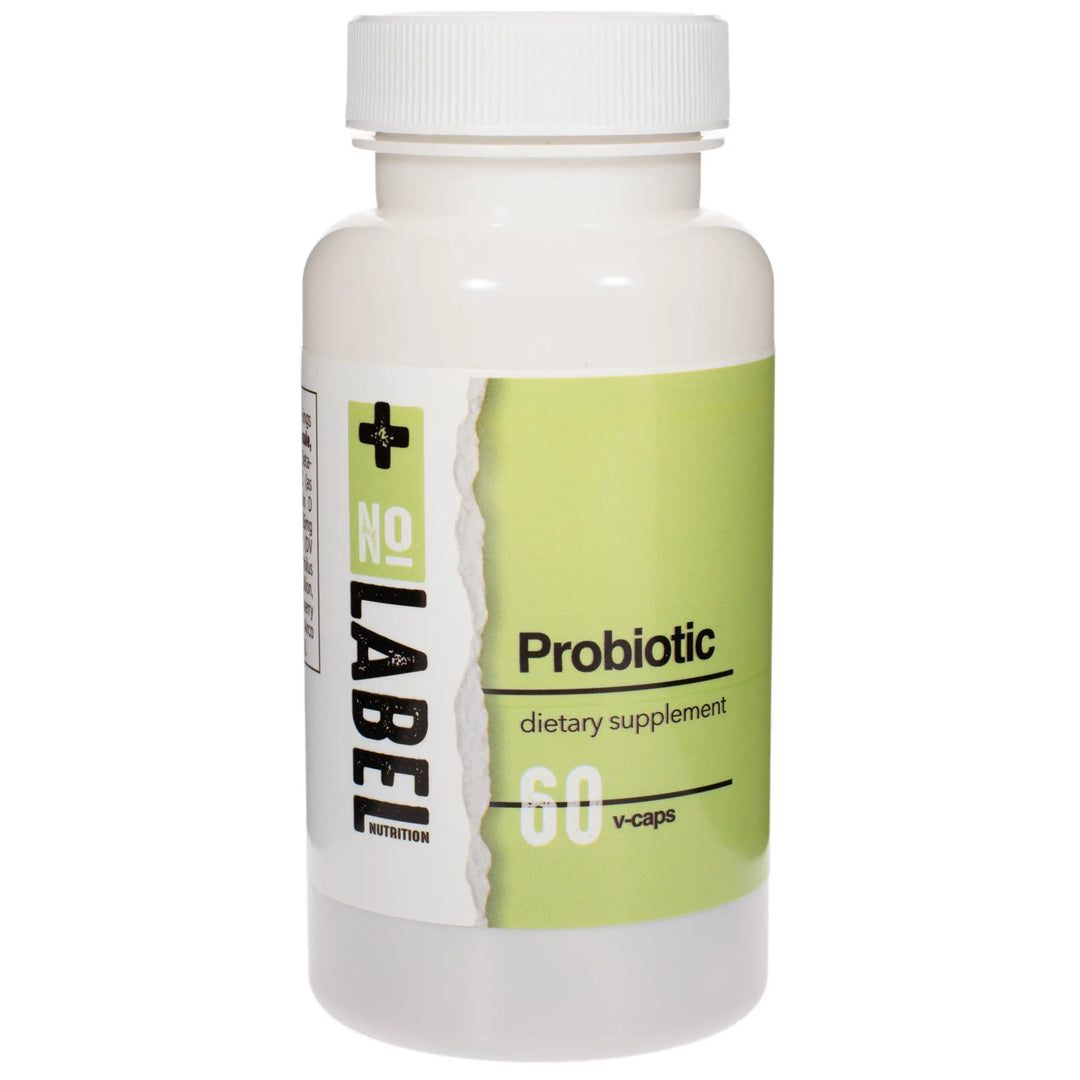 A bottle of No Label Nutrition Probiotics on a white background