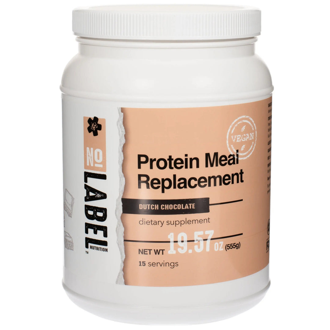 A canister of No Label Nutrition Vegan Chocolate Meal Replacement Shake on a white background