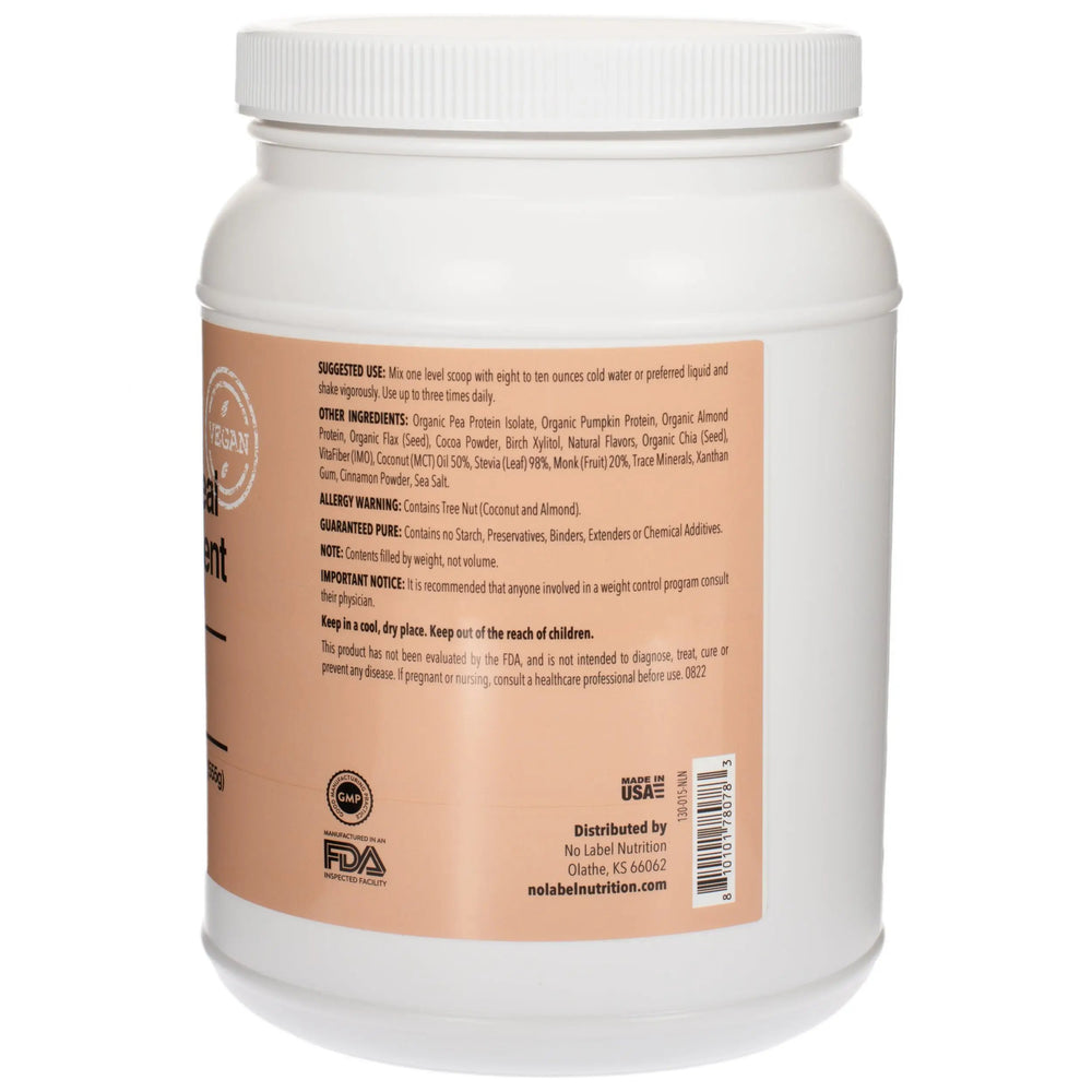 A canister of No Label Nutrition Vegan Chocolate Meal Replacement Shake on a white background