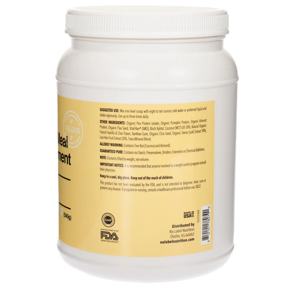 A canister of No Label Nutrition Vegan Vanilla Meal Replacement Shake on a white background