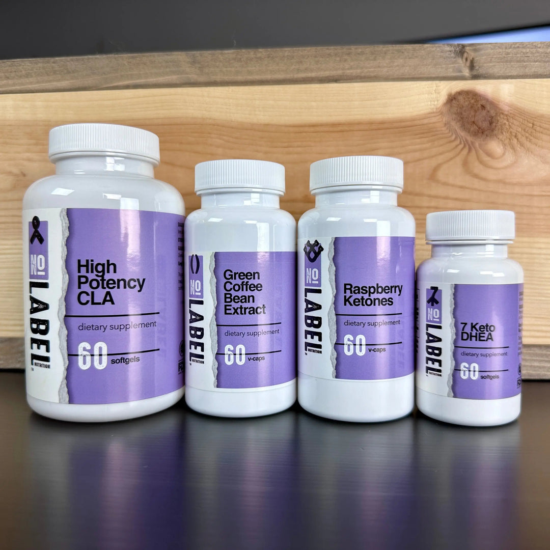 4 bottles of No Label Nutrition 4 week weight loss starter kit products sitting on a table