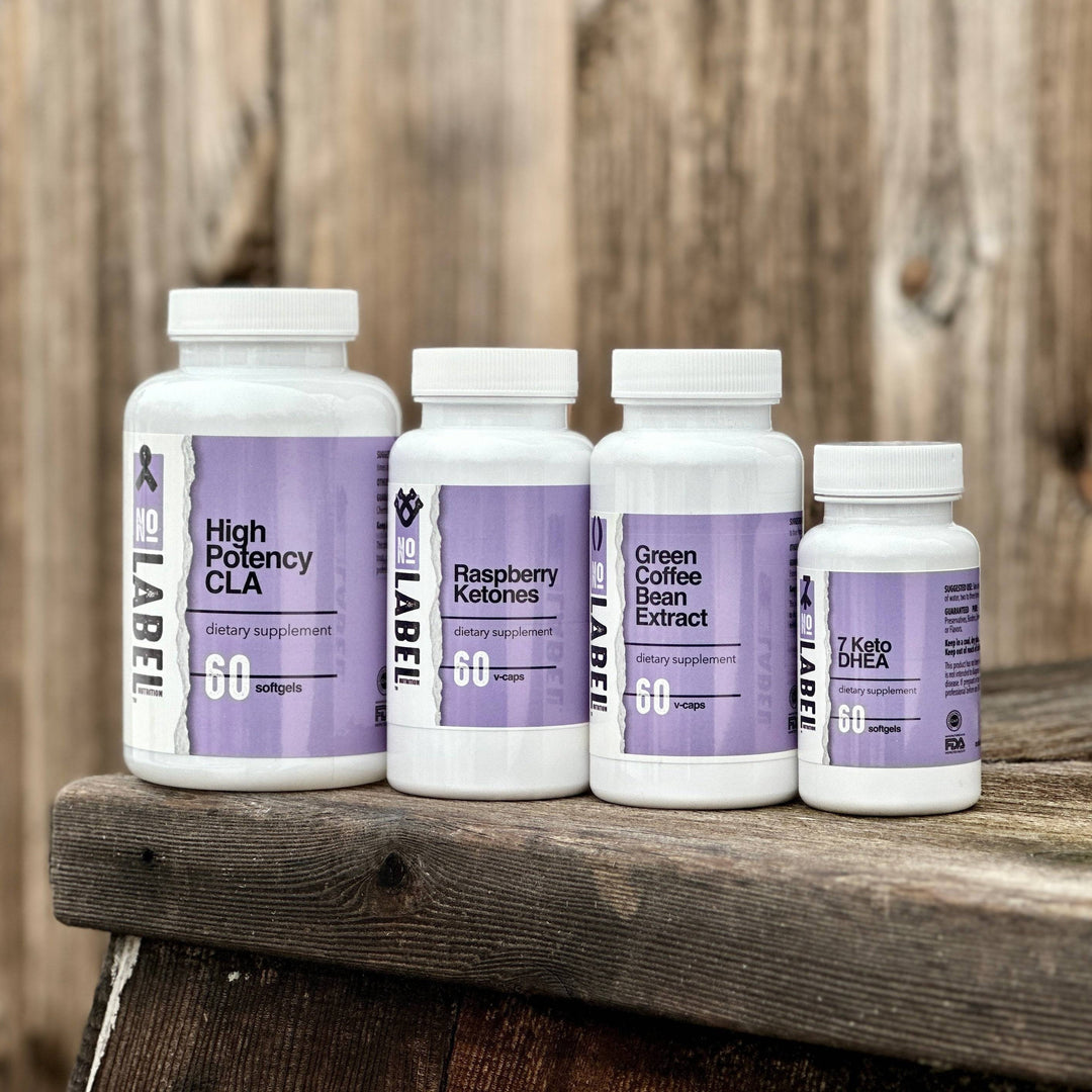 4 bottles of No Label Nutrition 4 week weight loss starter kit products sitting outside